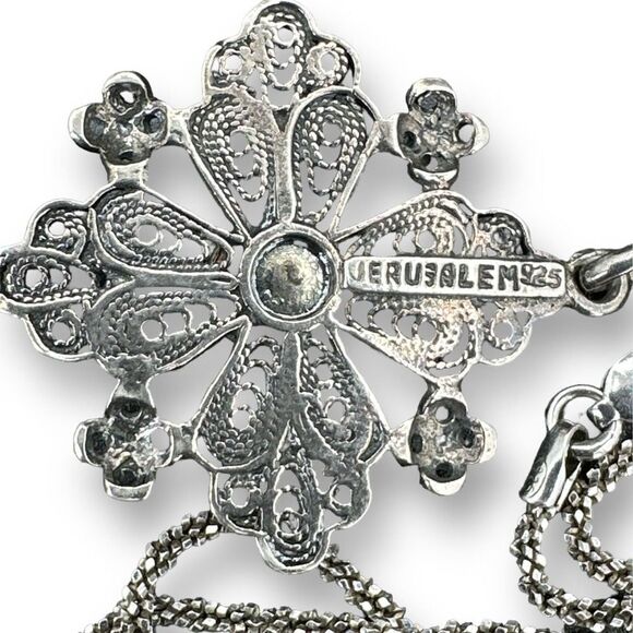 Jerusalem 925 Cross Pendant Center Tiger's Eye with Diamond Cut Chain Necklace - Picture 6 of 12